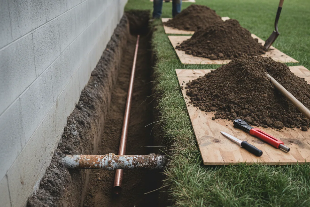 Excavated water line trench during Sewer Line Repair in Star City